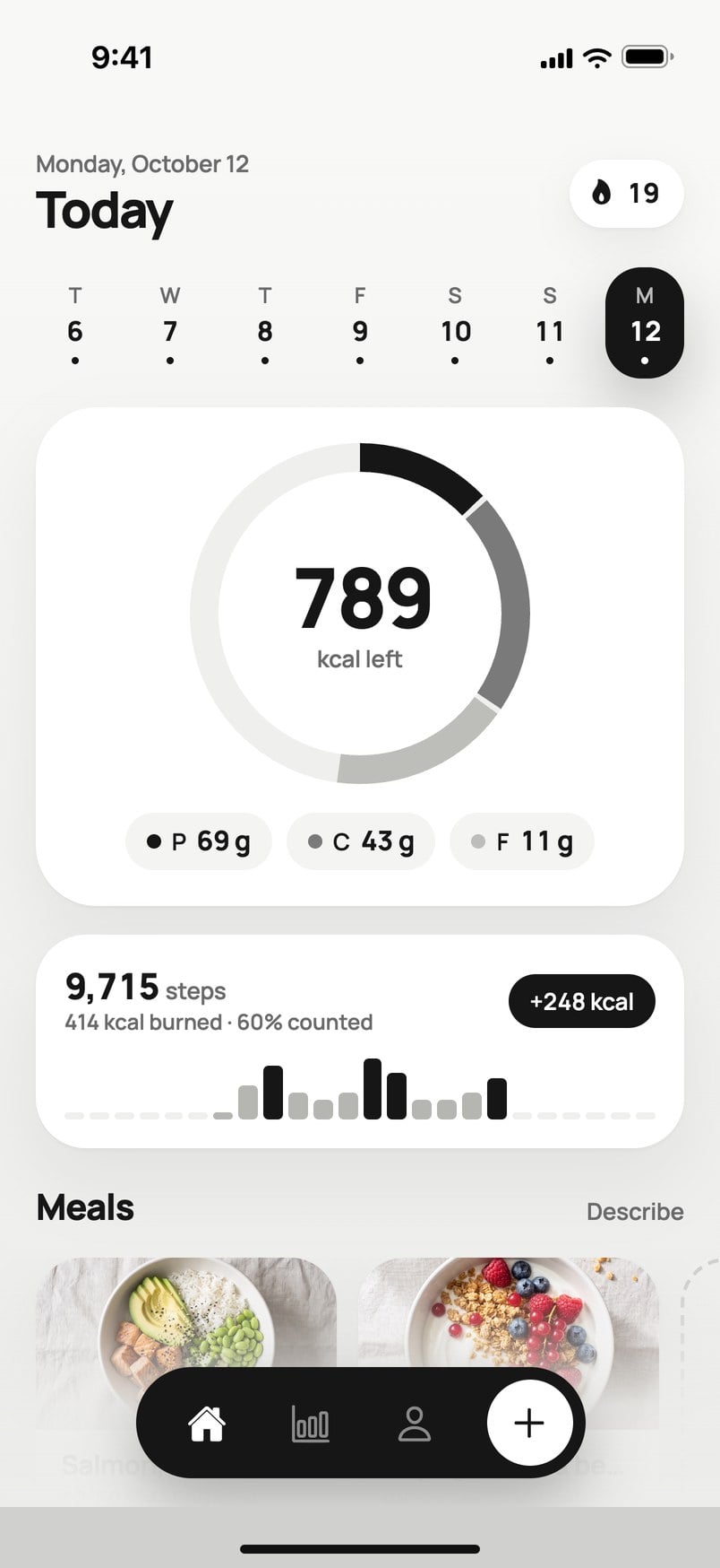 HeyCal home screen with 789 kcal left