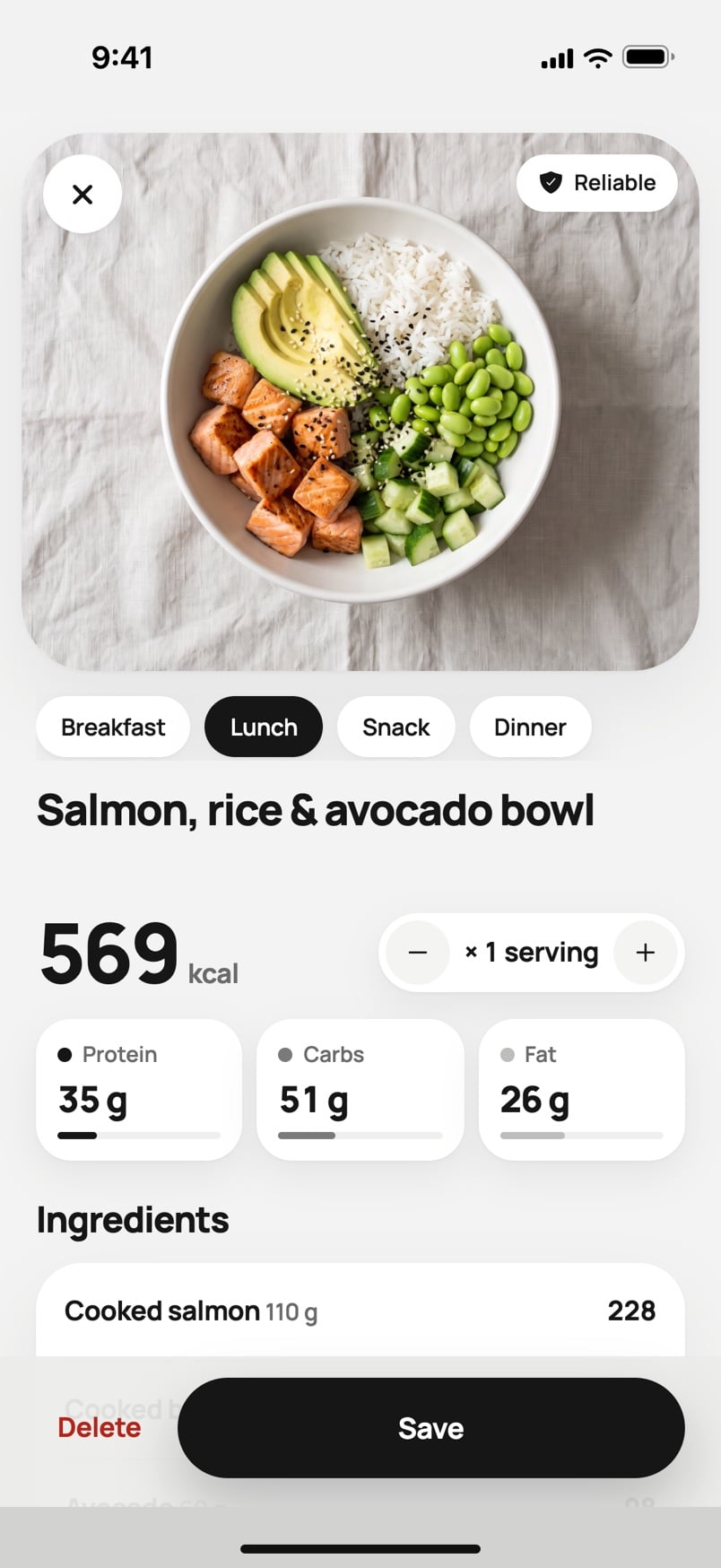 HeyCal meal screen: salmon, rice and avocado bowl, 569 kcal