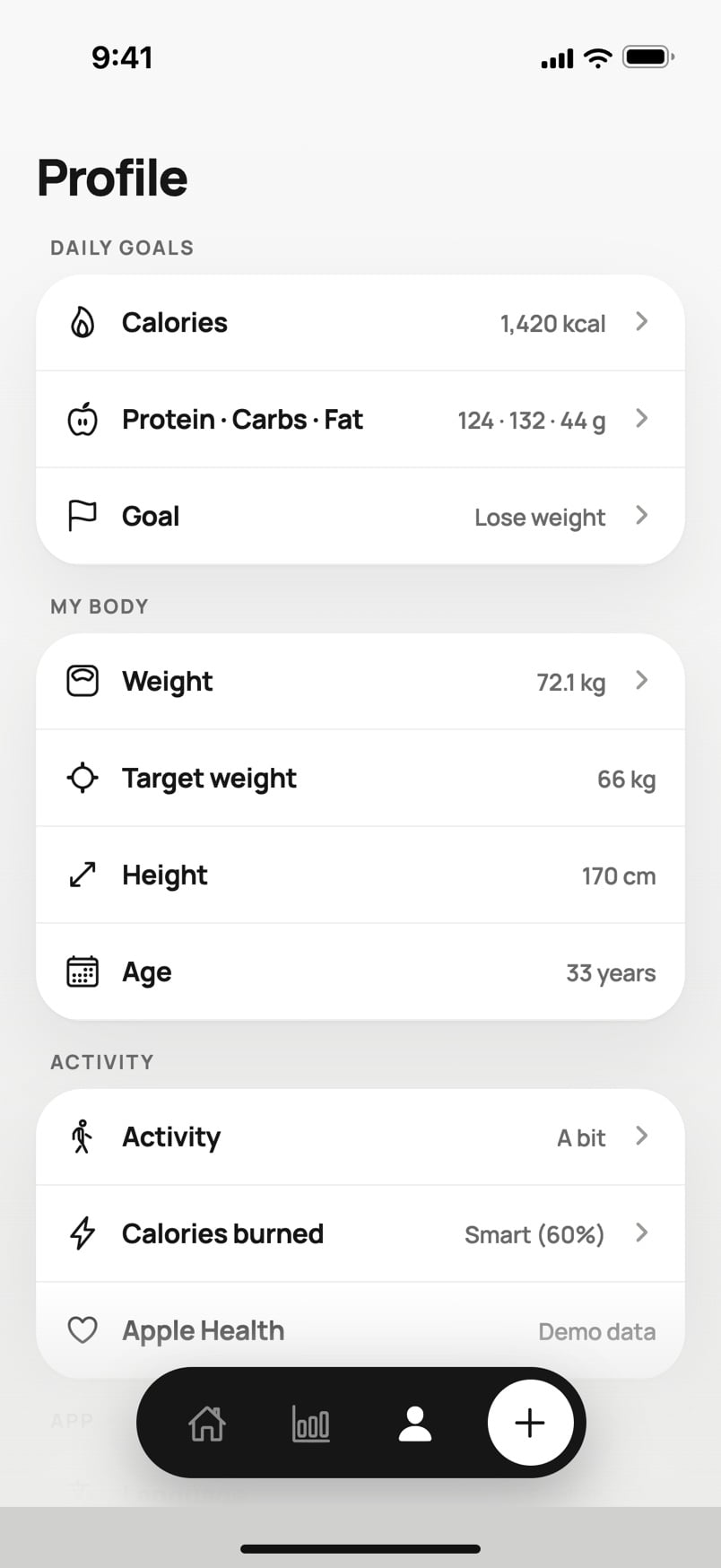 HeyCal profile with daily goals and Apple Health