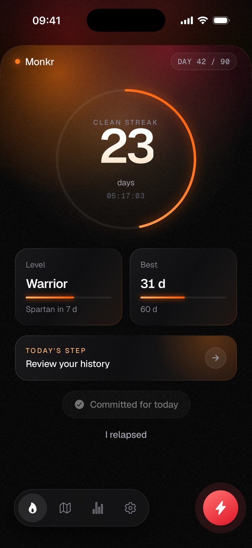 Monkr home screen with a 23-day streak