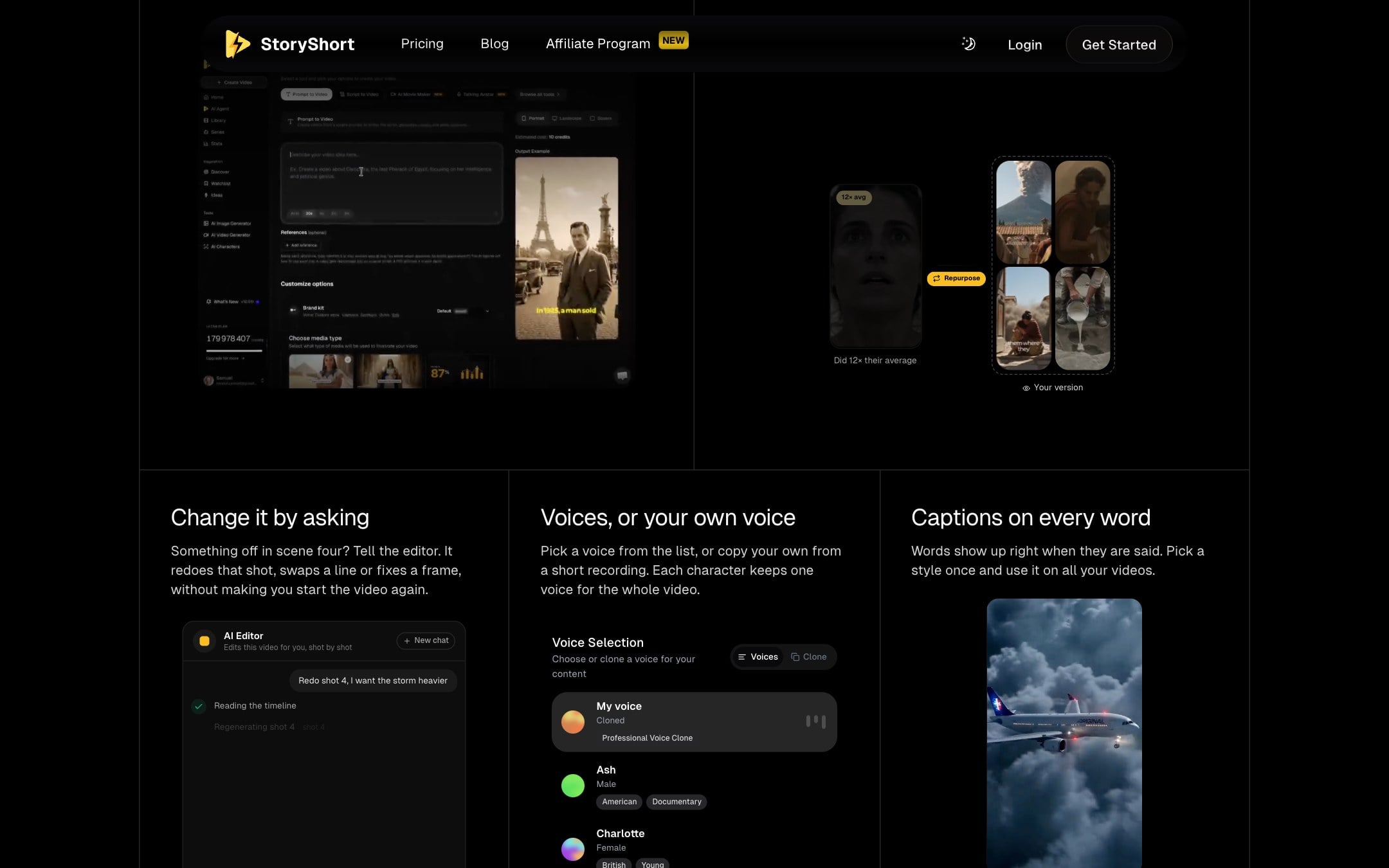 StoryShort editor, voice selection and captions